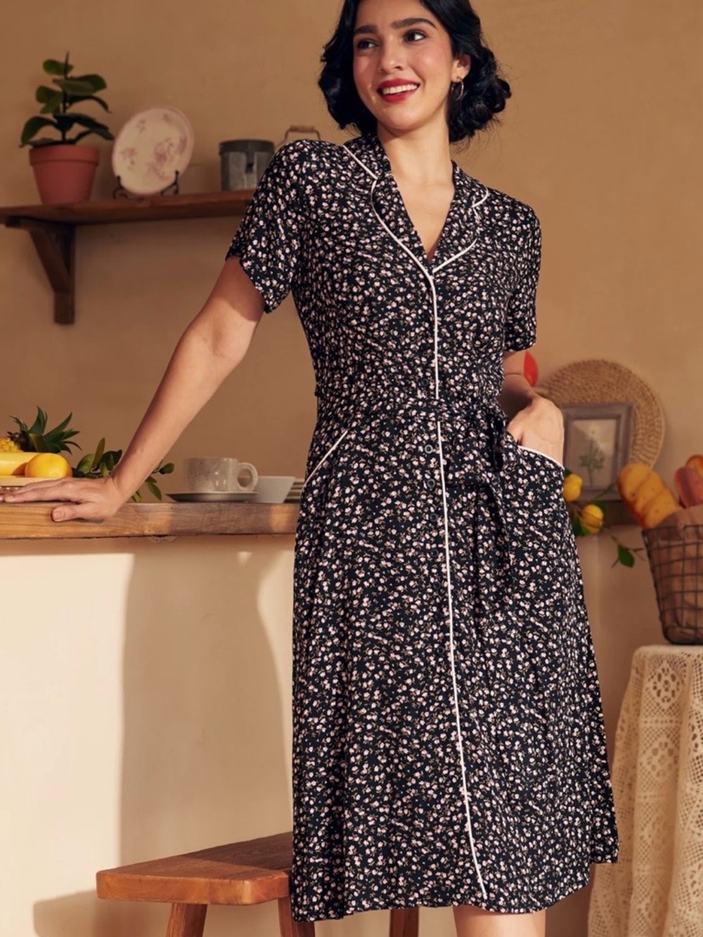 Floral Button-Front Black Dress with Piping